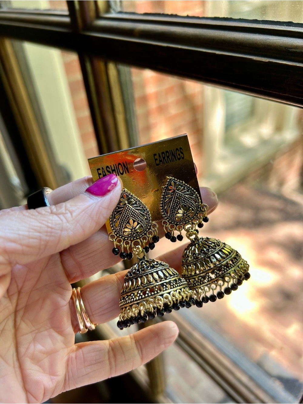 Gold-Tone Indian Jhumka Earrings with Black Bead Accents